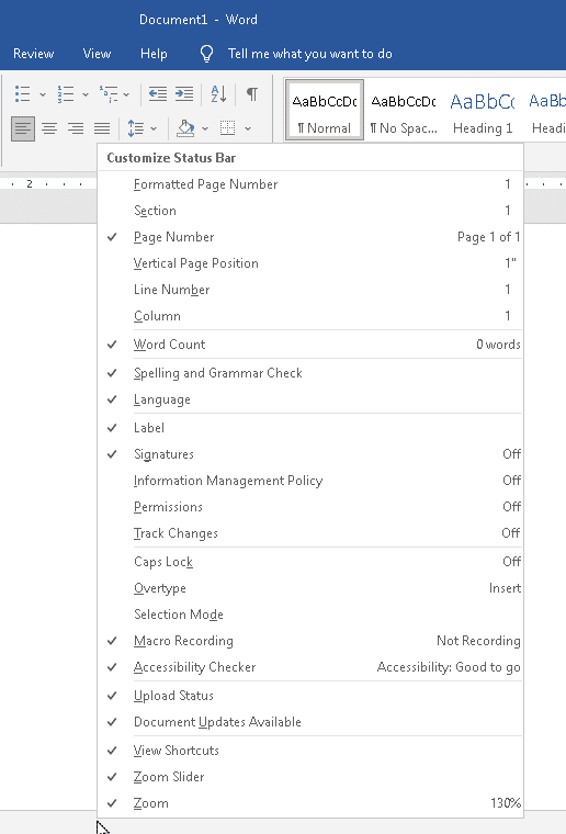 Status bar right click menu.