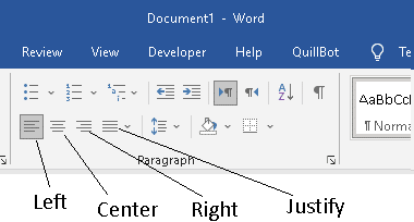 Microsoft Word text alignment , Left, Right, Center and Justify