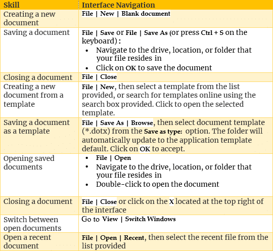 Word File Tab Table new files, open existing files, print, save, or change settings, Account, Options