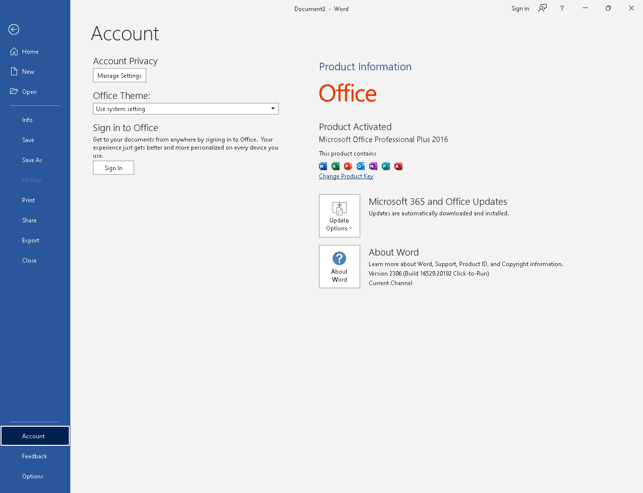 Word Account new files, open existing files, print, save, or change settings, Account, Options
