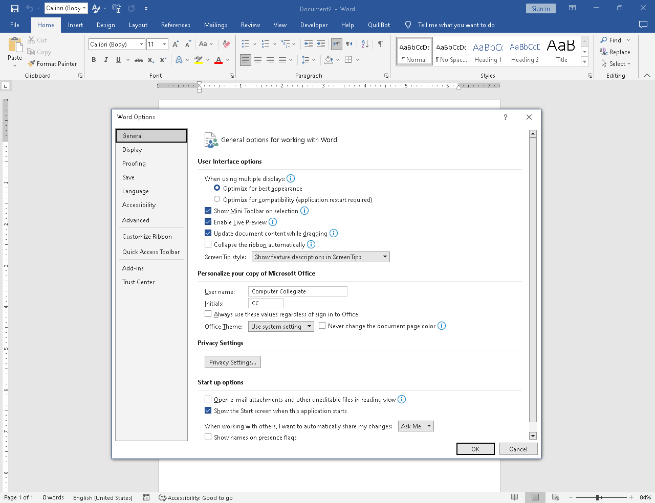 Word Options new files, open existing files, print, save, or change settings, Account, Options