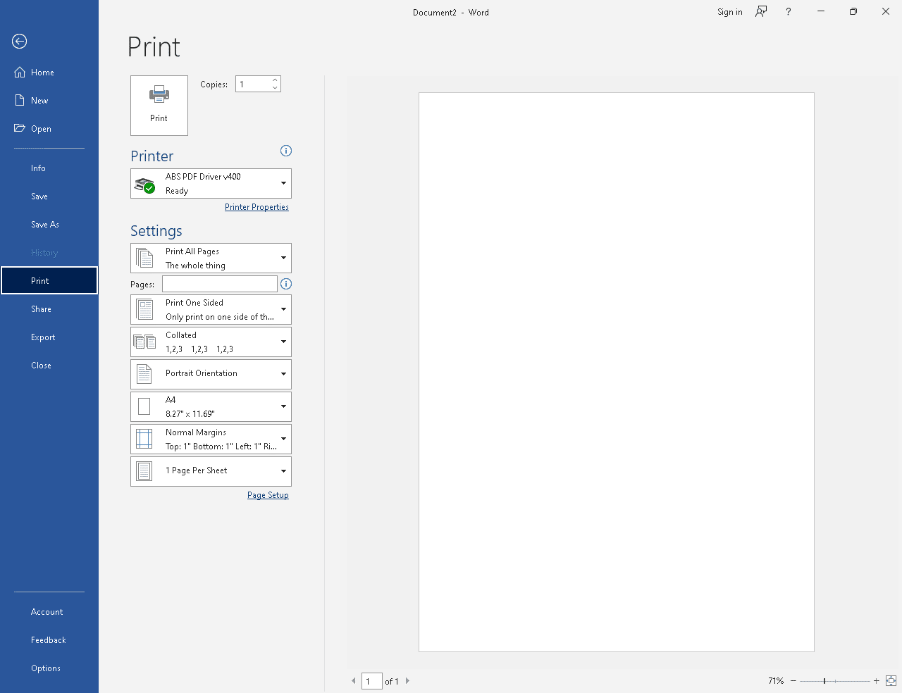 Word Print Preview new files, open existing files, print, save, or change settings, Account, Options