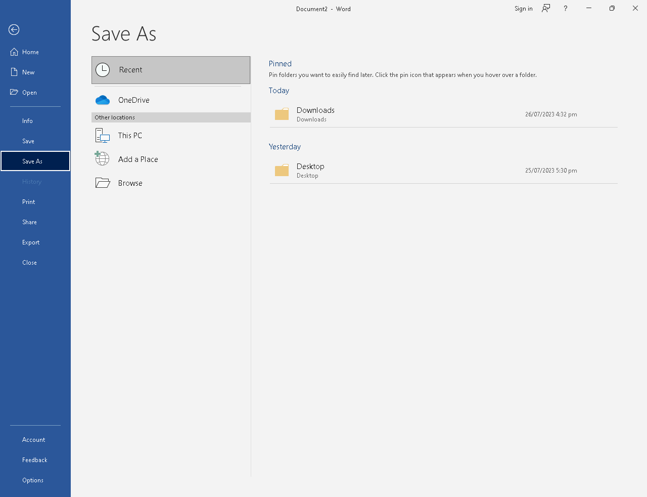 Word Save As new files, open existing files, print, save, or change settings, Account, Options