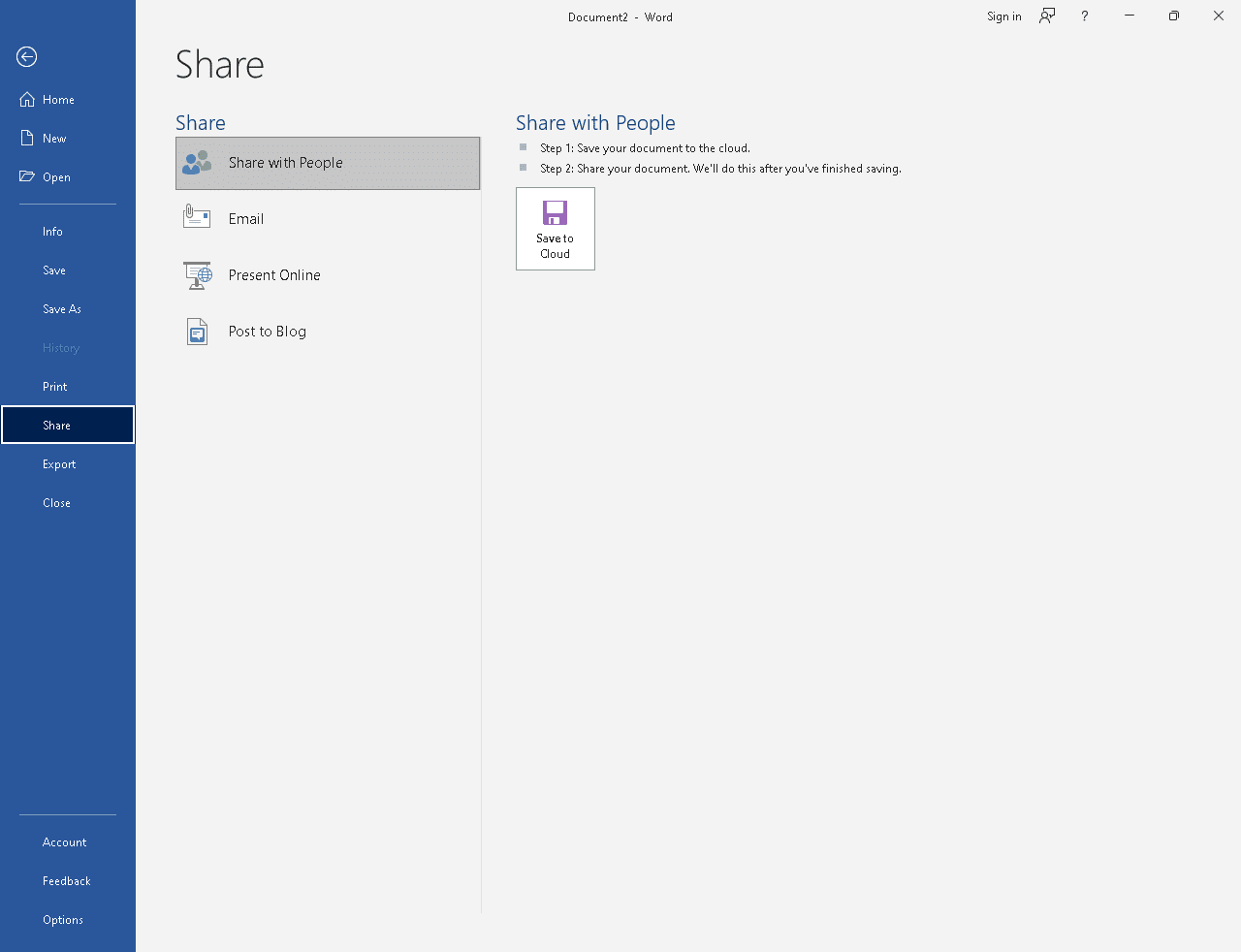 Word Share file new files, open existing files, print, save, or change settings, Account, Options