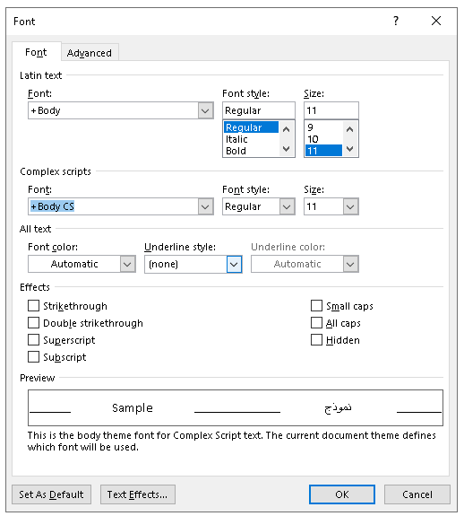 Microsoft word font dialog box