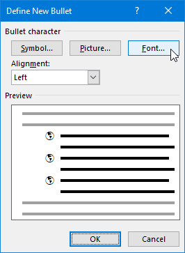 Bulleted List Font Attributes,Define New Bullet list, Define New Bullet list, list manually, Manual List, Number List, Bulleted List, ordered List, unordered List